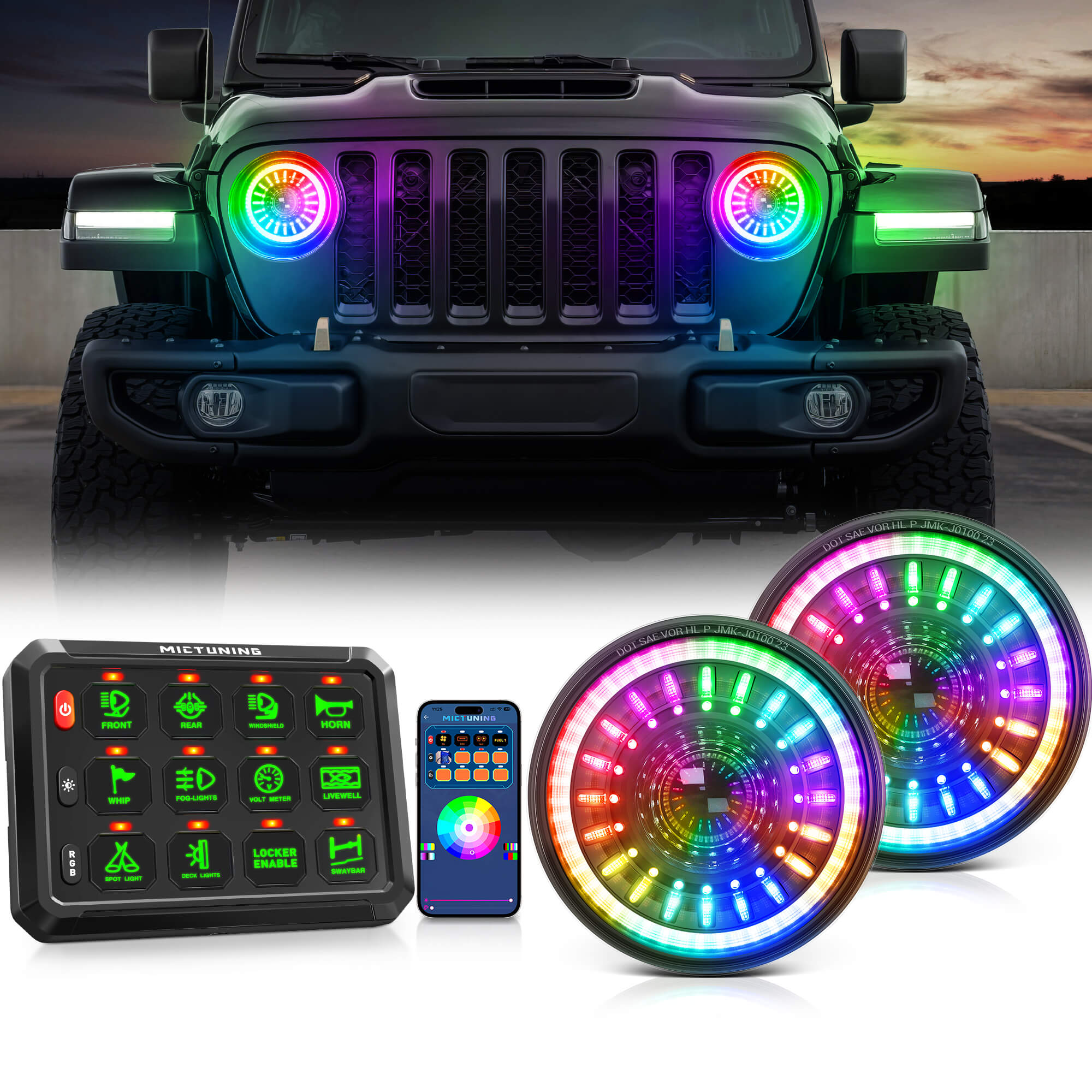 J1 RGB+IC 7″ LED Headlights with P1s Bluetooth RGB Switch Panel