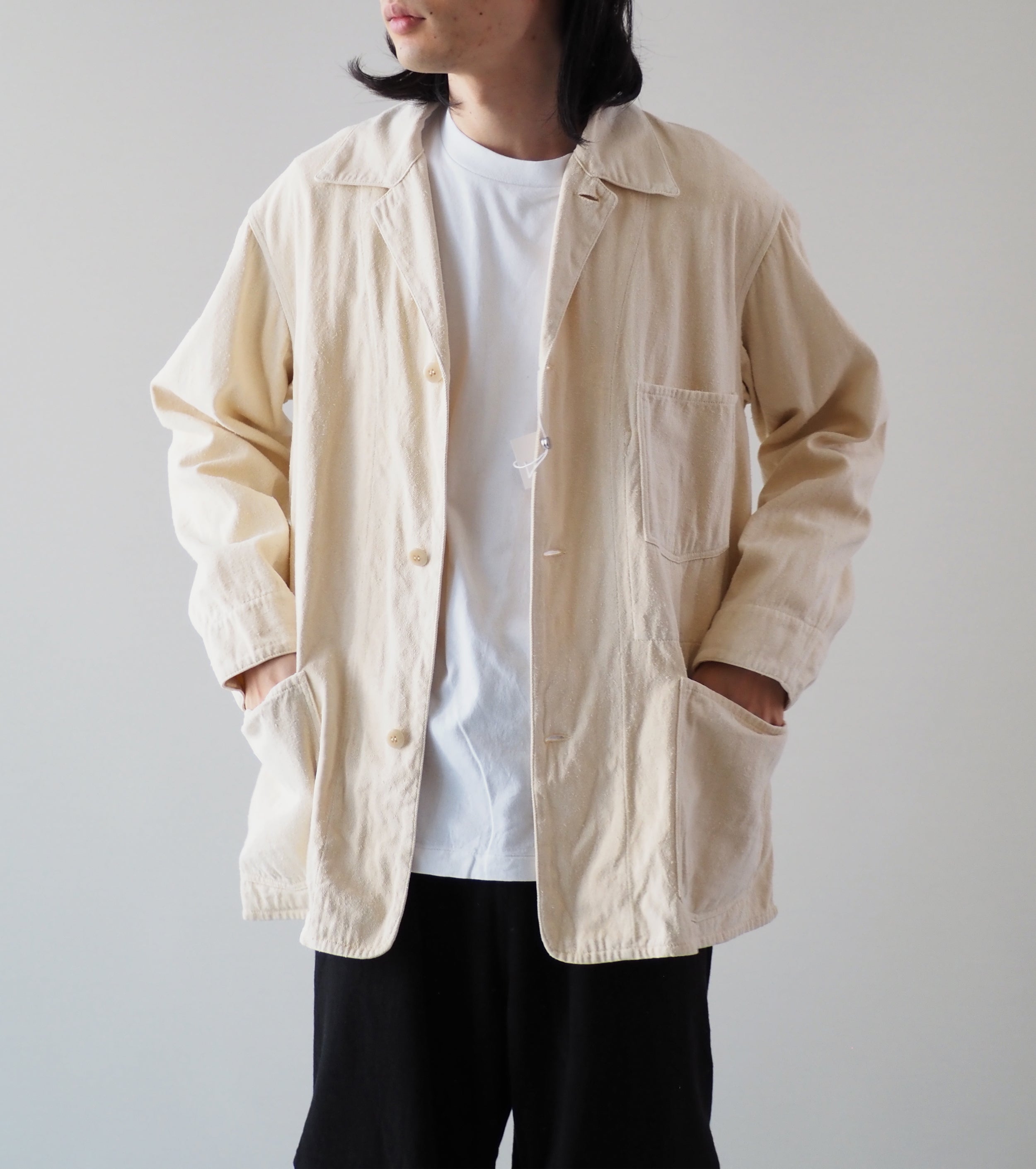 COMOLI Silk 1938 Jacket , Ecru – Navyblue