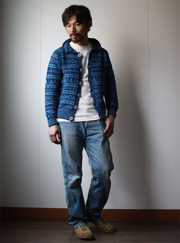 コットンニットカーディガン デニムヤーン/フェアアイル柄 インバー