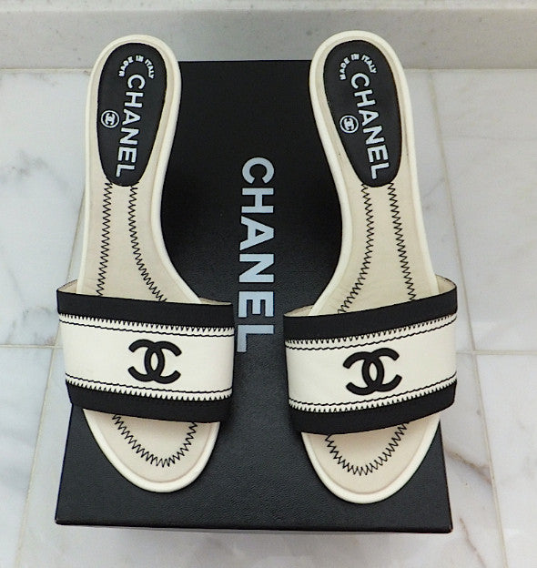 Authentic Chanel Black & White Sandals SZ 36.5 – Classic Coco