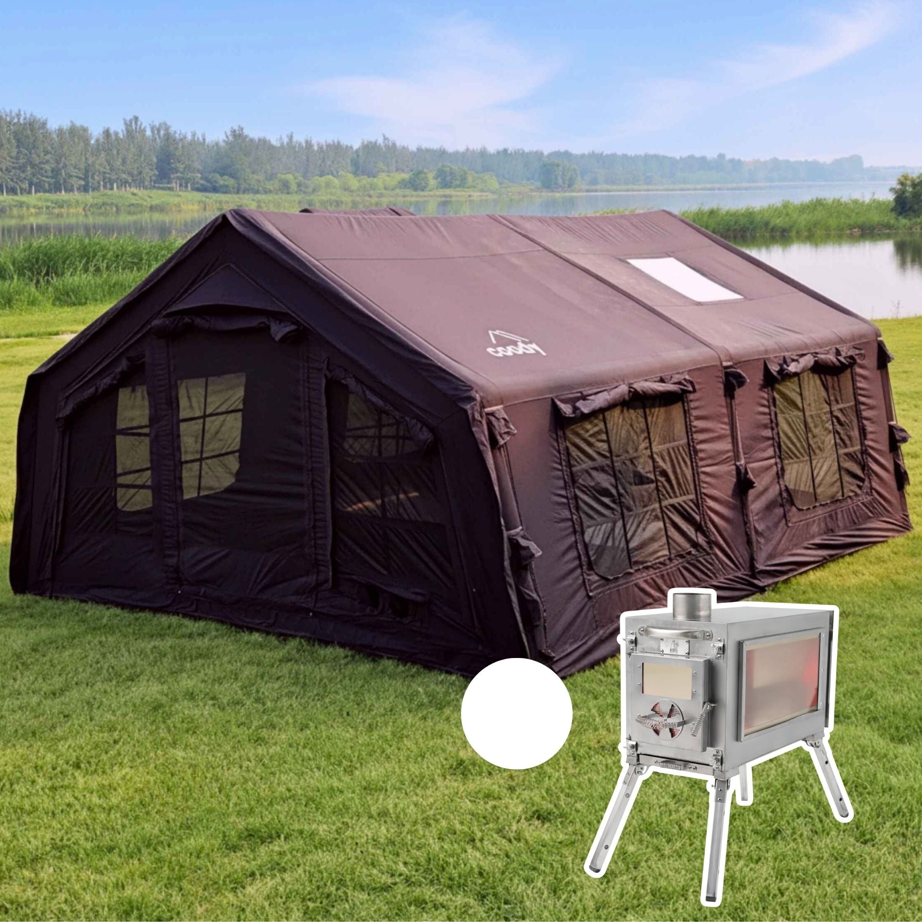 Coody Familia AirTent 17.2 Black (2-10 Person) + RBM Wood Stove Caminu