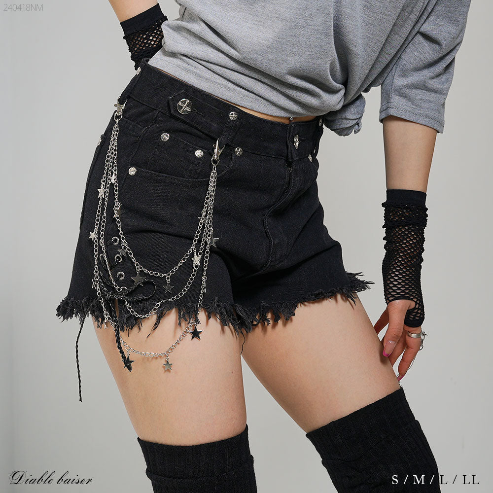 サイドレースアップフリンジデニムショートパンツ – レディース