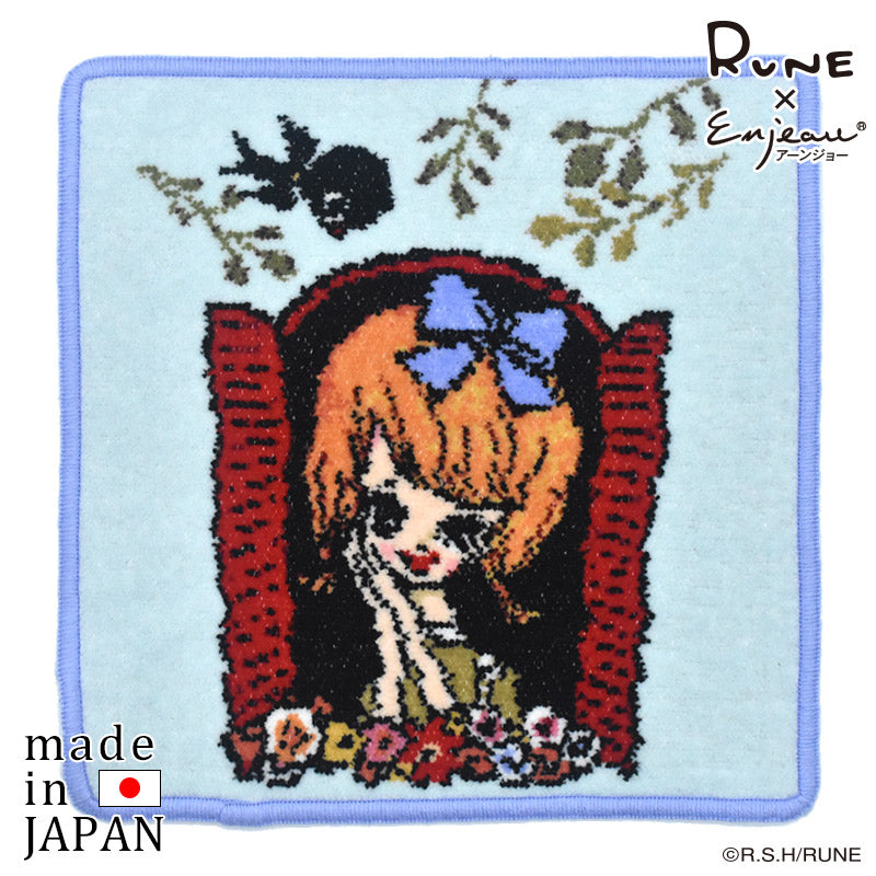 日本製 RUNE 内藤ルネ 小鳥と少女 ハンカチ シェニール織 23cm 綿100