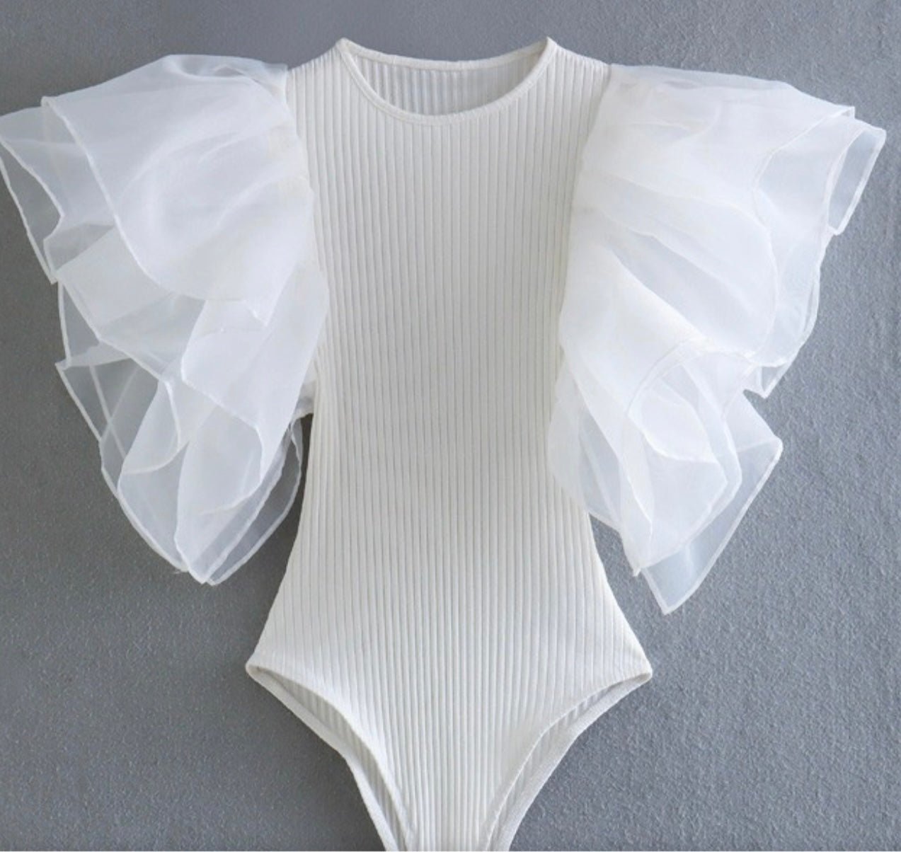 Elegant Ruffle Sleeve Tulle Bodysuit - Perfect for Parties