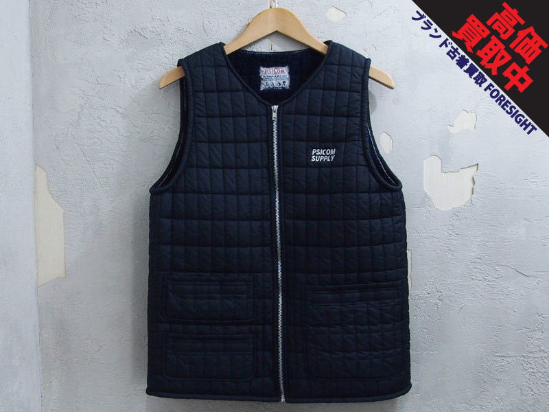 Psicom 'God Like Vest'キルティング ボア ベスト サイコム L Navy