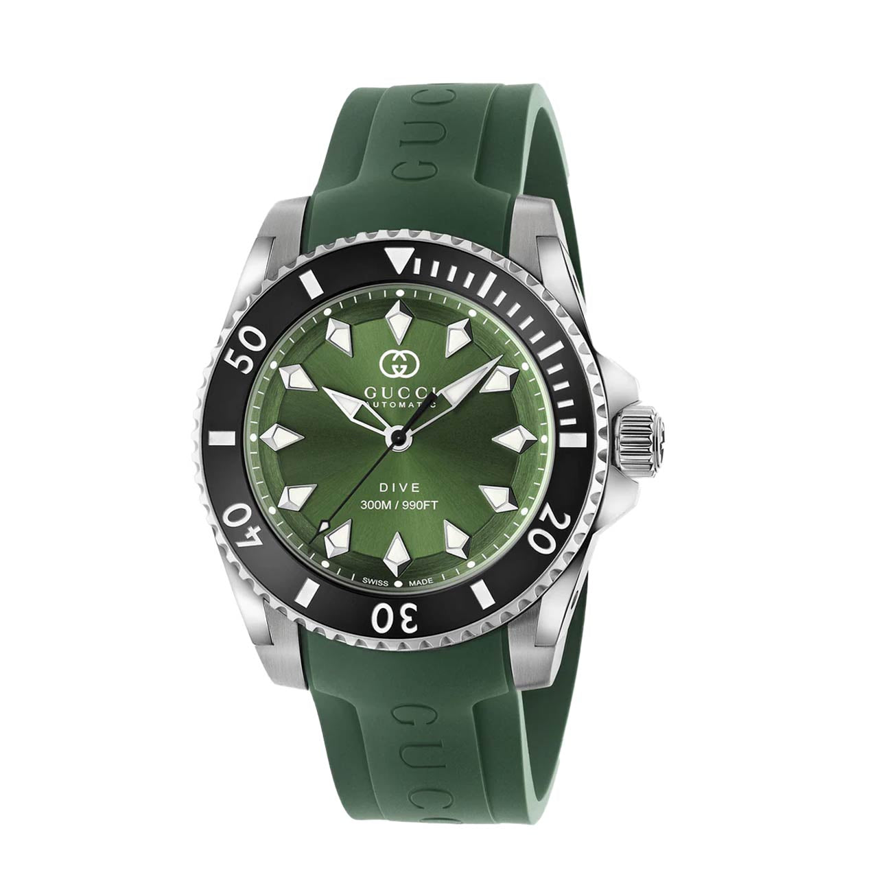 Gucci Dive Green Dial Black Bezel Watch with Green Rubber Strap