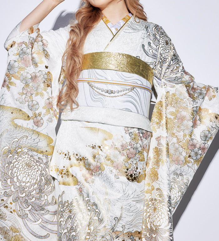 振袖 レンタル フルセット 白地 金銀 菊 成人式 結婚式 着物 適応身長