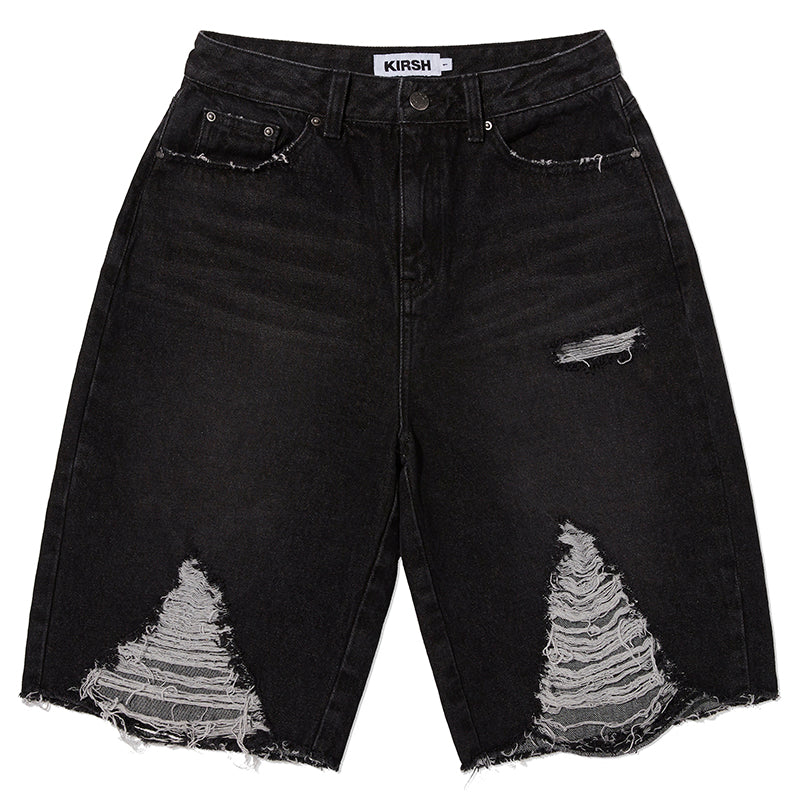 ダメージハーフデニムパンツ【ブラック】