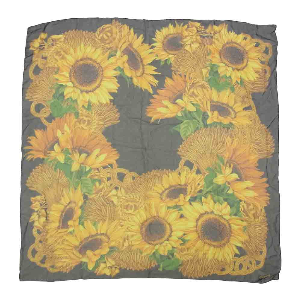 CHANEL シャネル 向日葵 ひまわり 総柄 スカーフ ブラック系【美品