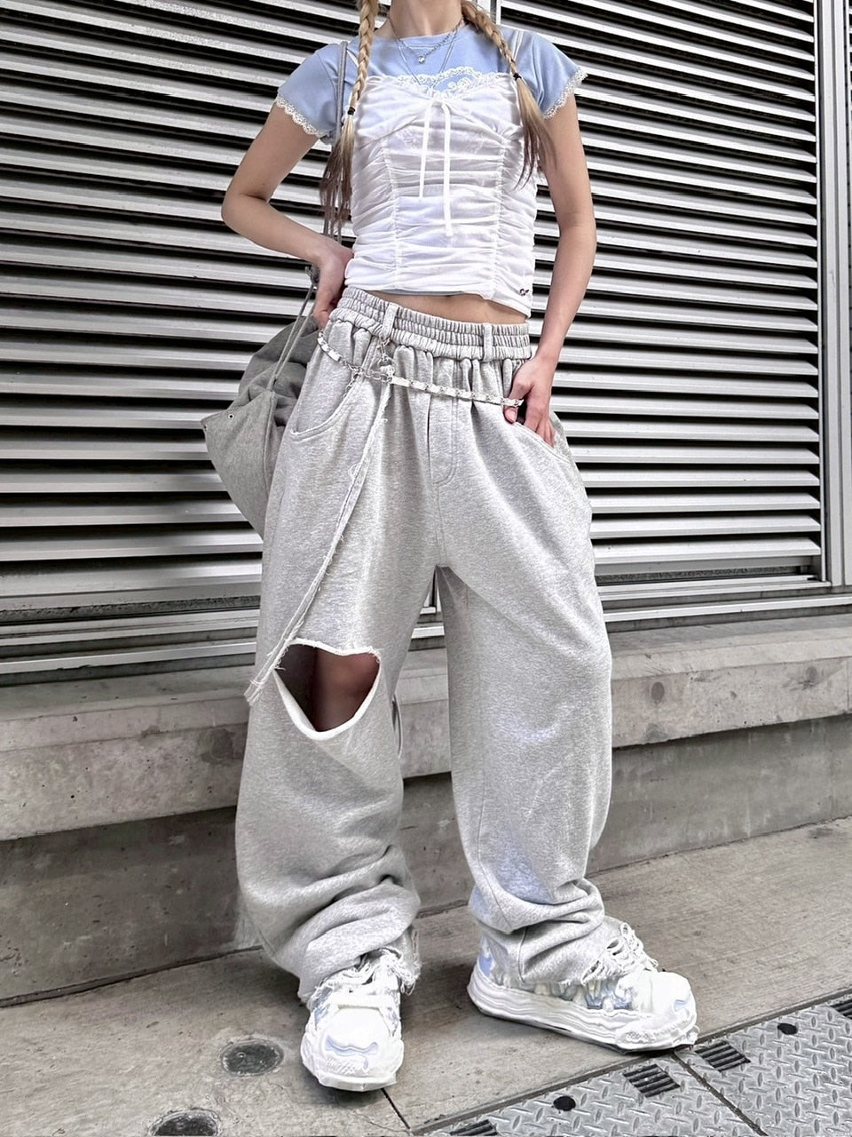nmtc +】string damage sweat pants (2color) / 【エヌエムティーシー