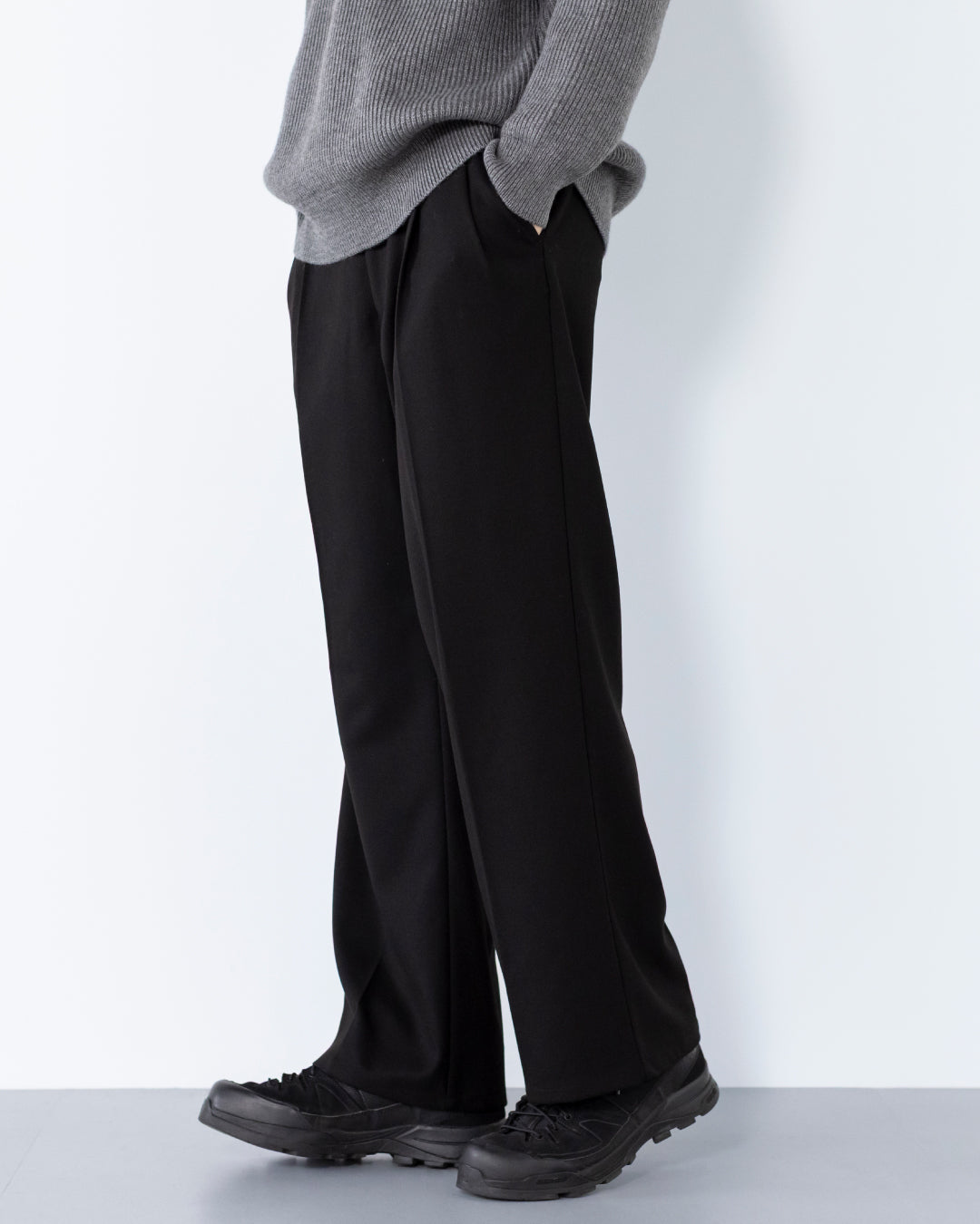 2Tuck Wide Wool Touch Slacks -black-