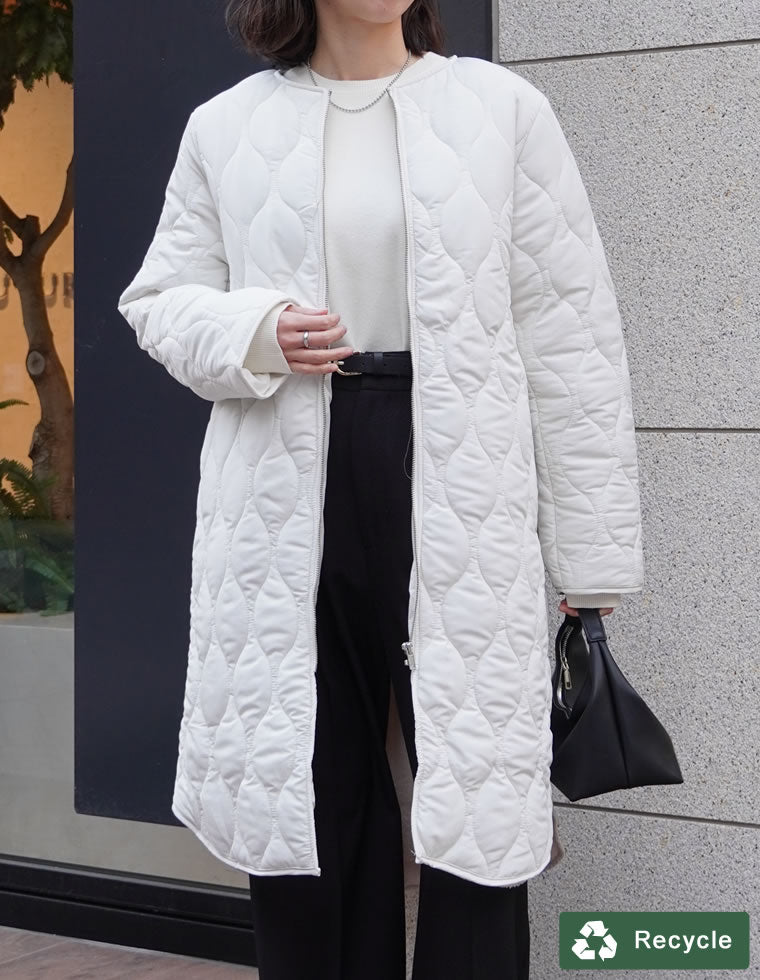 リサイクルタフタ裏ボア軽量中綿キルティングロングコート