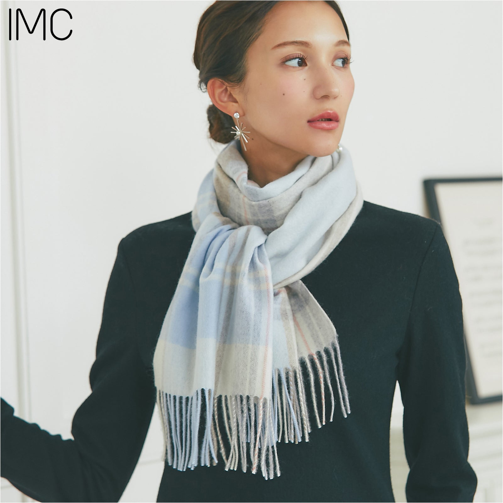 NEW】カシミヤ100％チェックマフラー チェックパウダーブルー