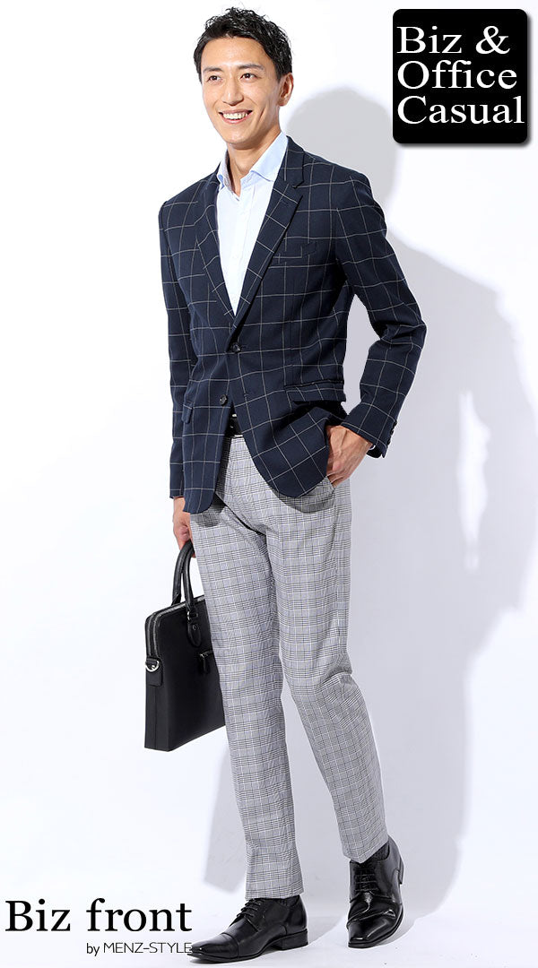 ウィンドペンチェックネイビーテーラードジャケット×ブルーシャツ