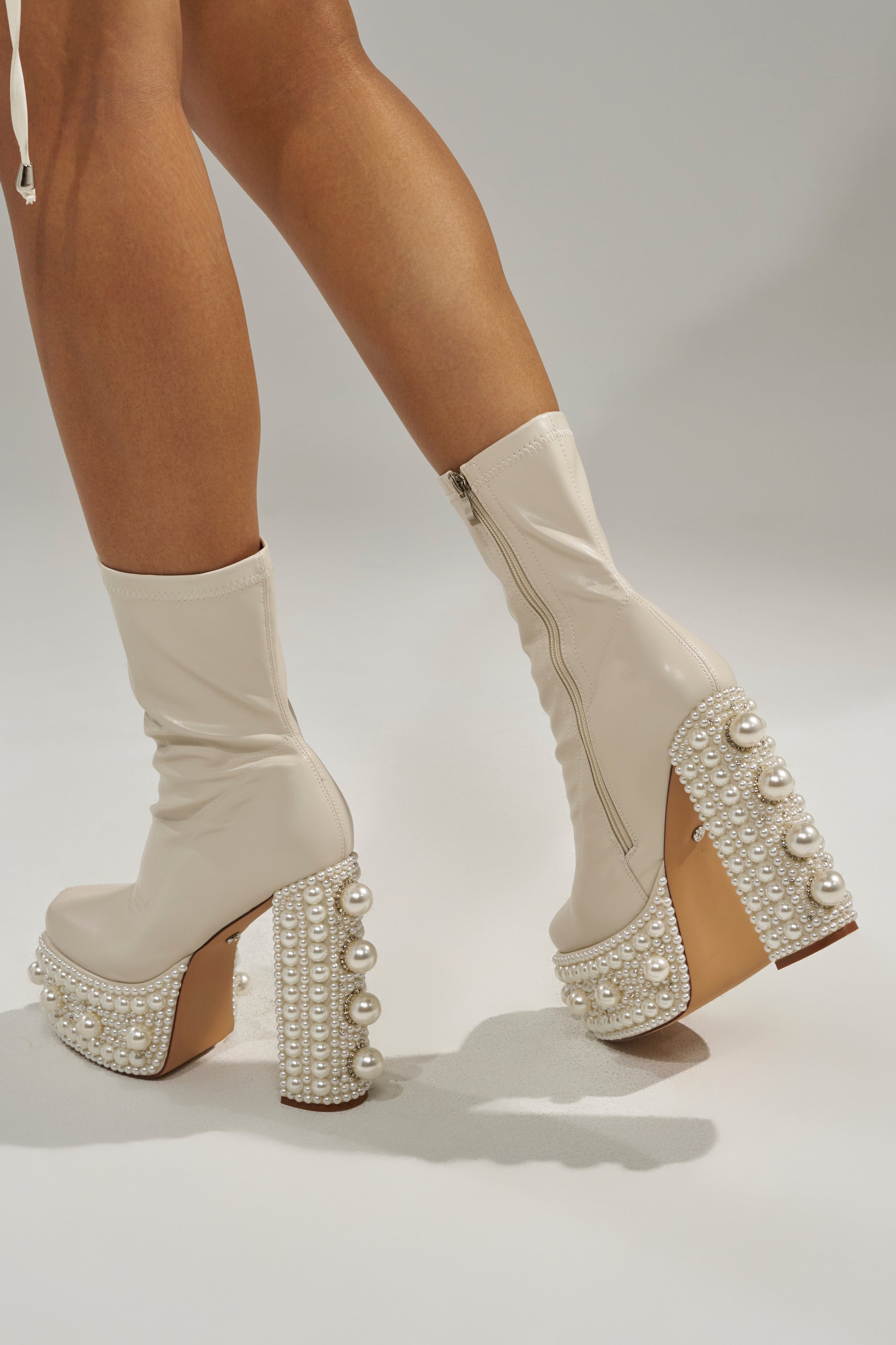 AZALEA WANG ANTARIS BEIGE PEARL DETAIL PLATFORM BOOTIE – AKIRA