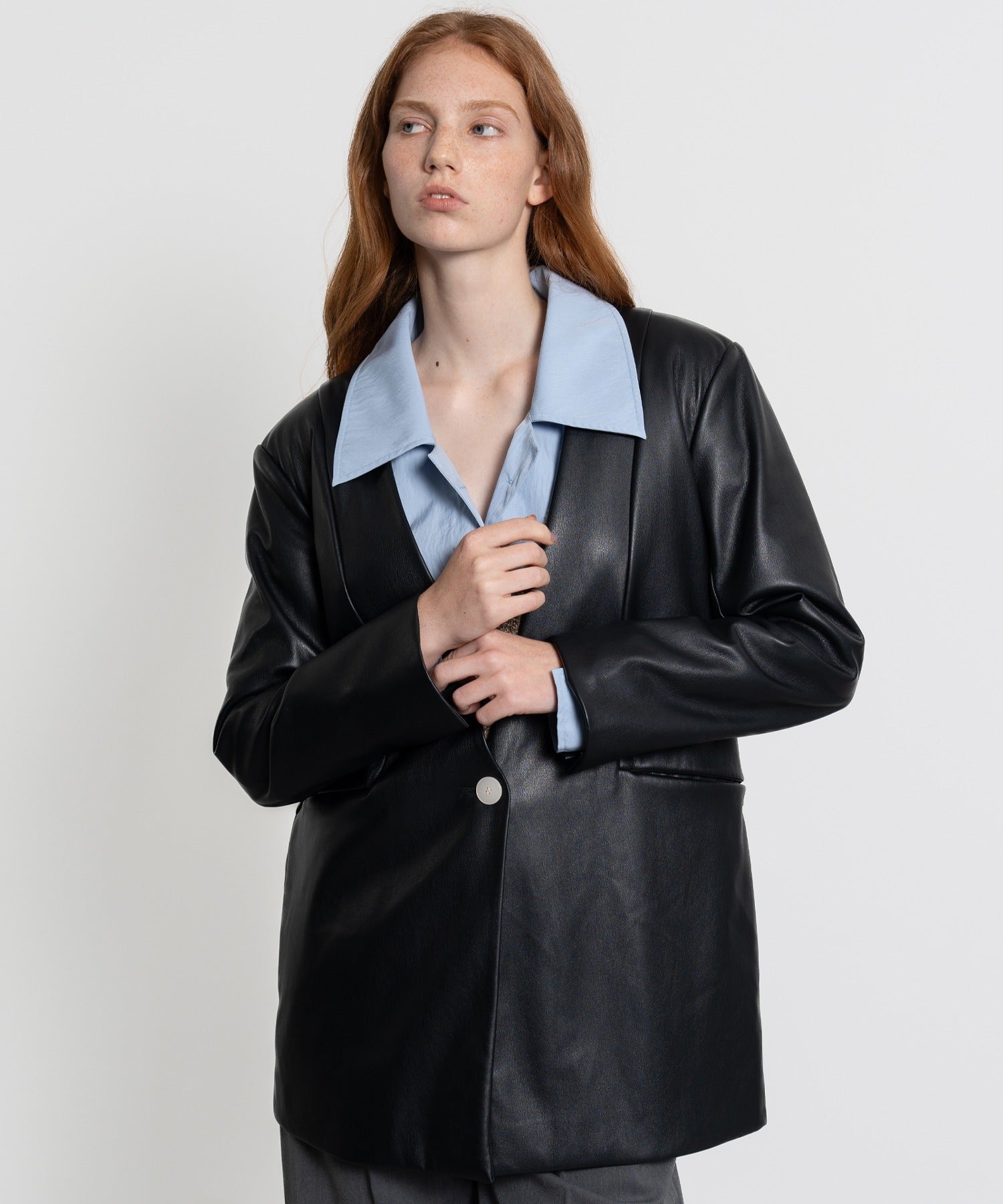 Faux Leather No-Collar Jacket
