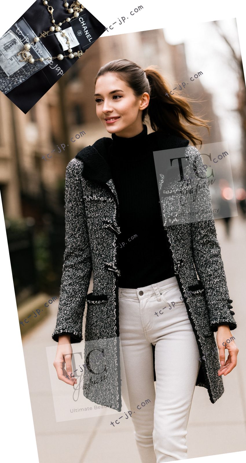 シャネル コート CHANEL ブラック グレー ウール ダッフル フード