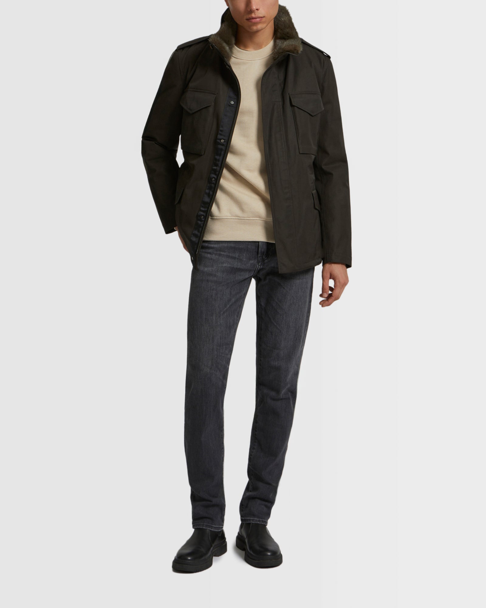 Technical Gabardine Field Jacket With Mink Collar - brown - Yves