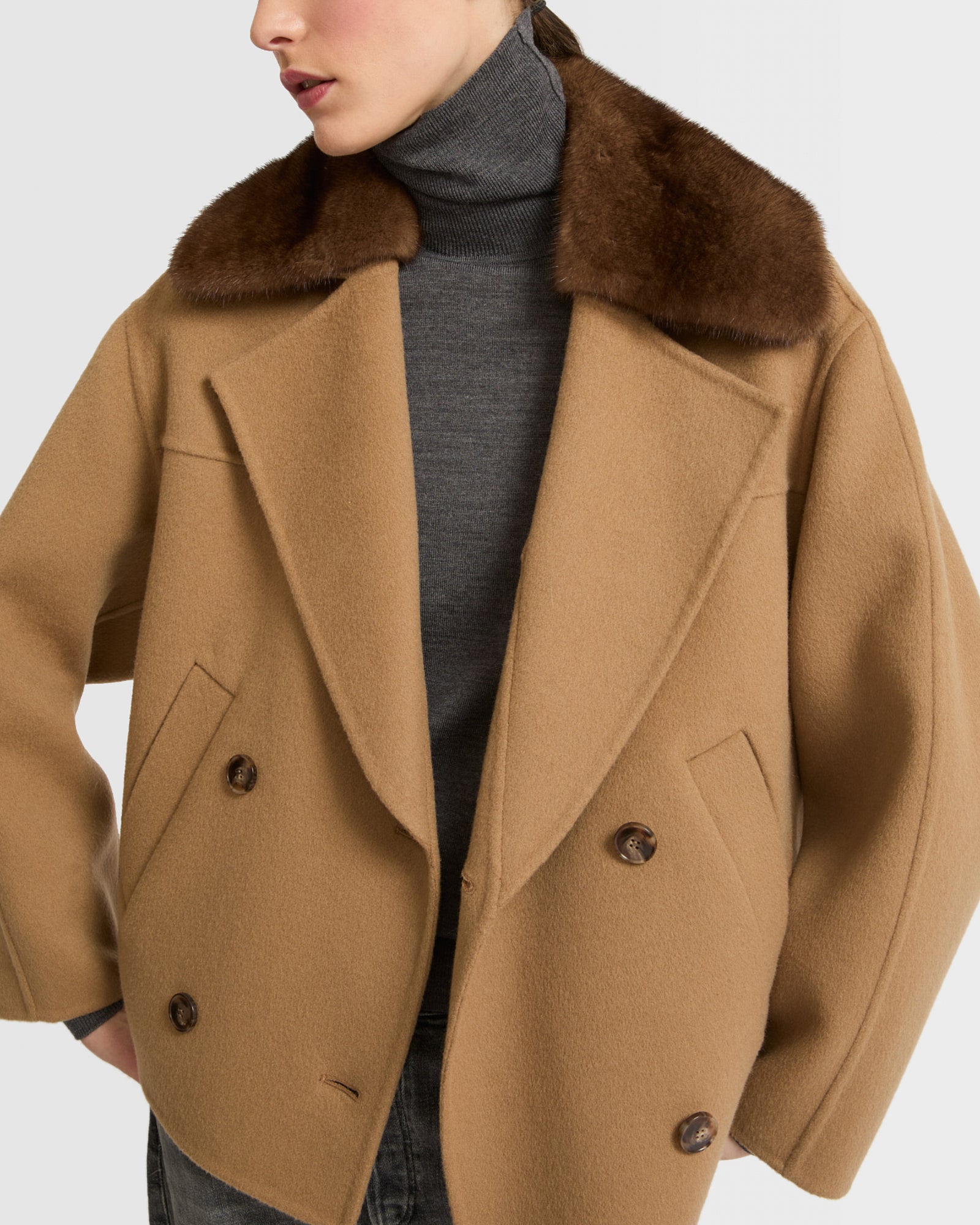 Cashmere blend pea jacket with removable mink collar - camel