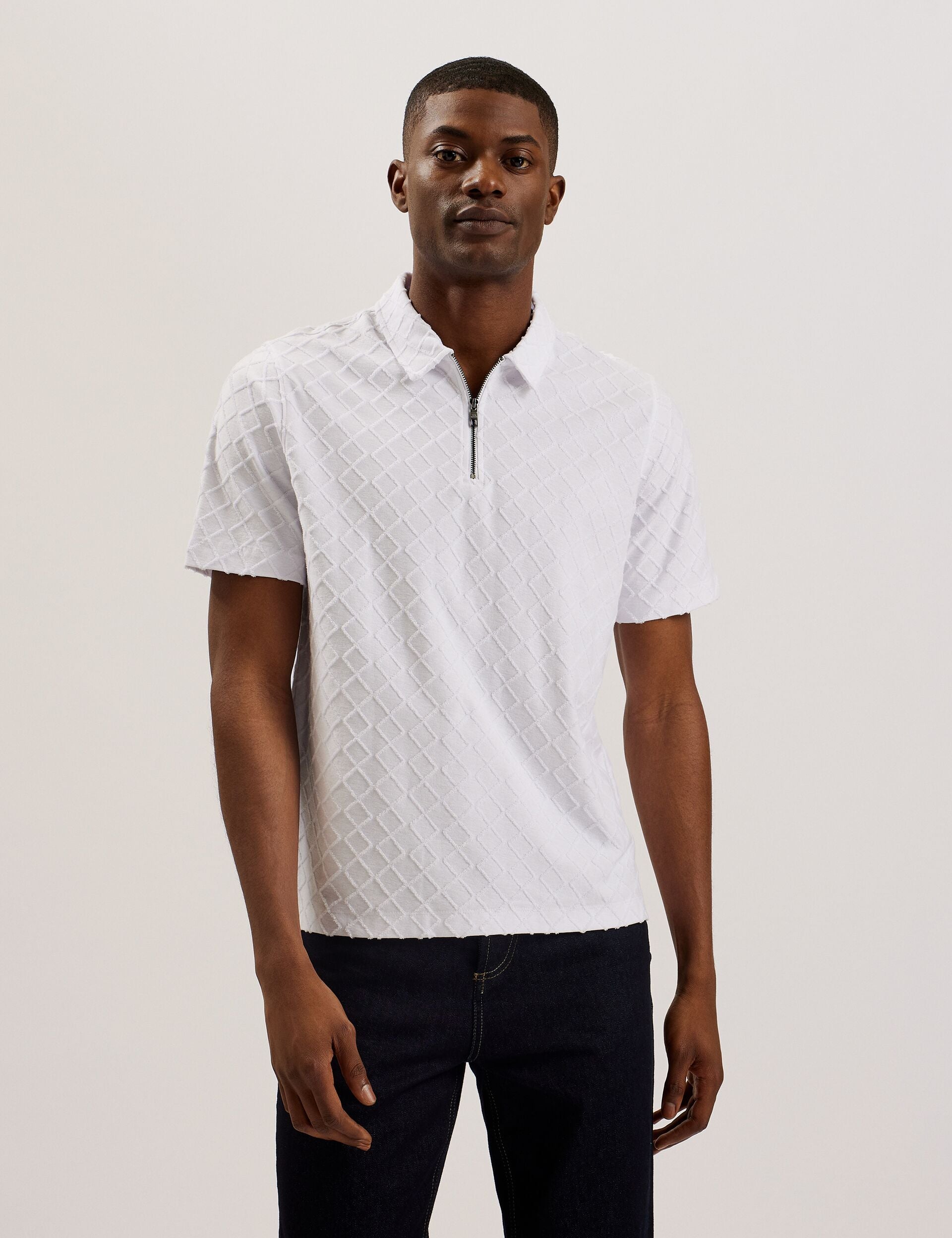 White Short Sleeve Regular Textured Towelling Zip Polo | Ansom