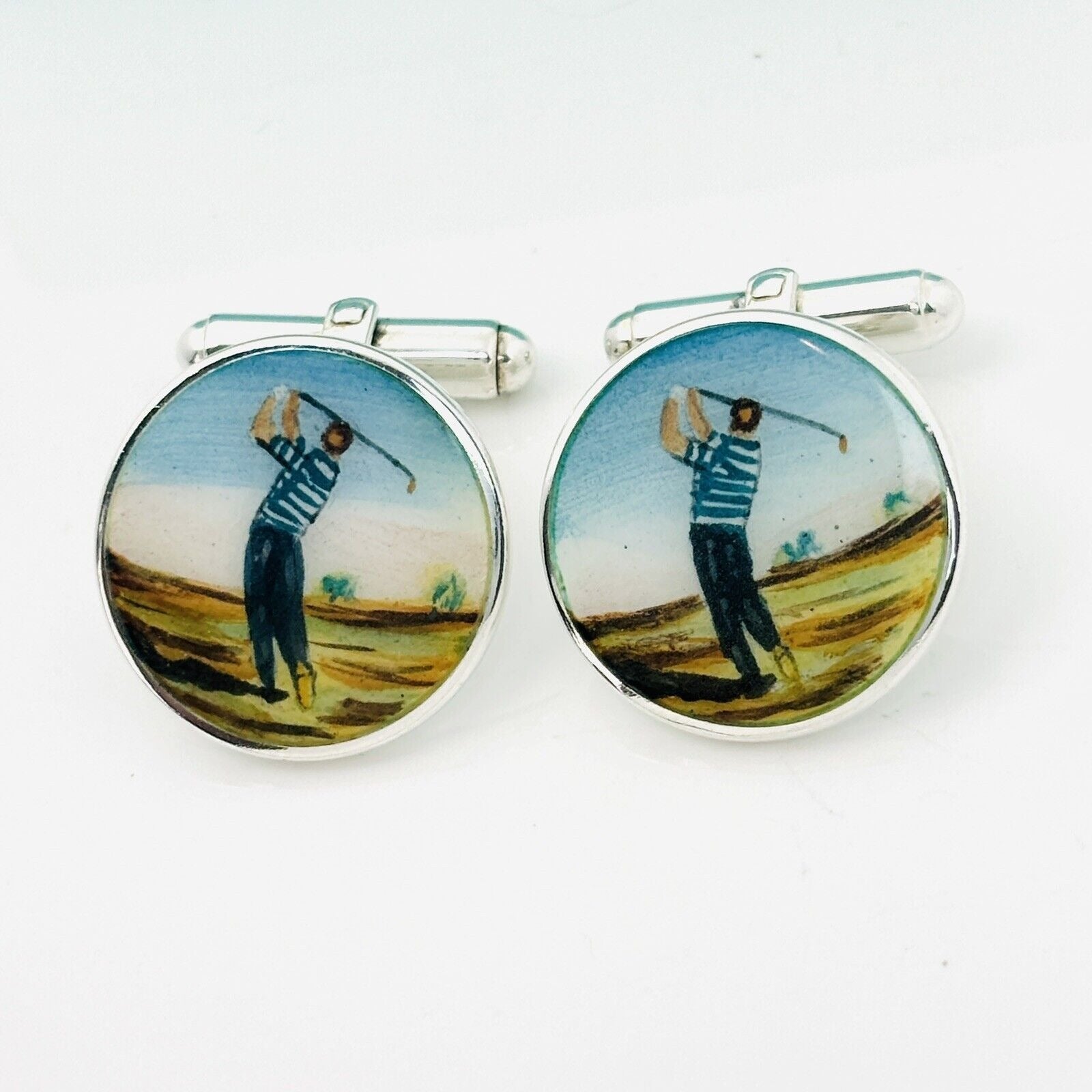 Tiffany Golf Hand Painted Enamel Cufflinks Vintage in Sterling