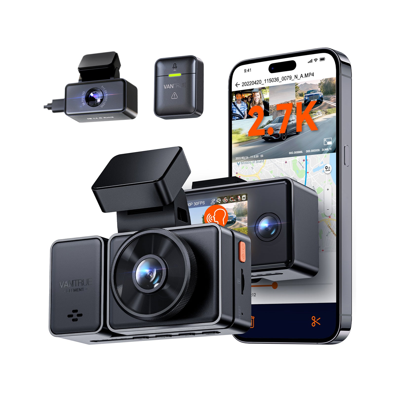 Vantrue E3 3 Channel 2.5K Dash Cam – WiFi, GPS, Voice Control, HDR