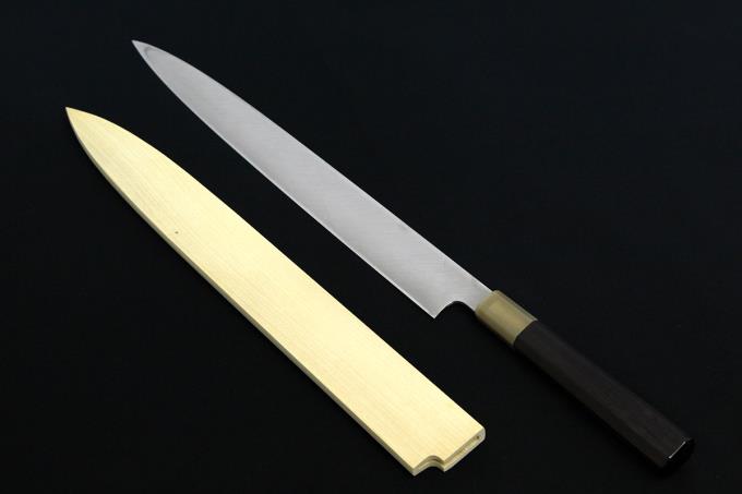 柳刃包丁 尺一 本焼 純日本鋼 鏡面 白水牛黒檀八角柄 白鞘・箱付