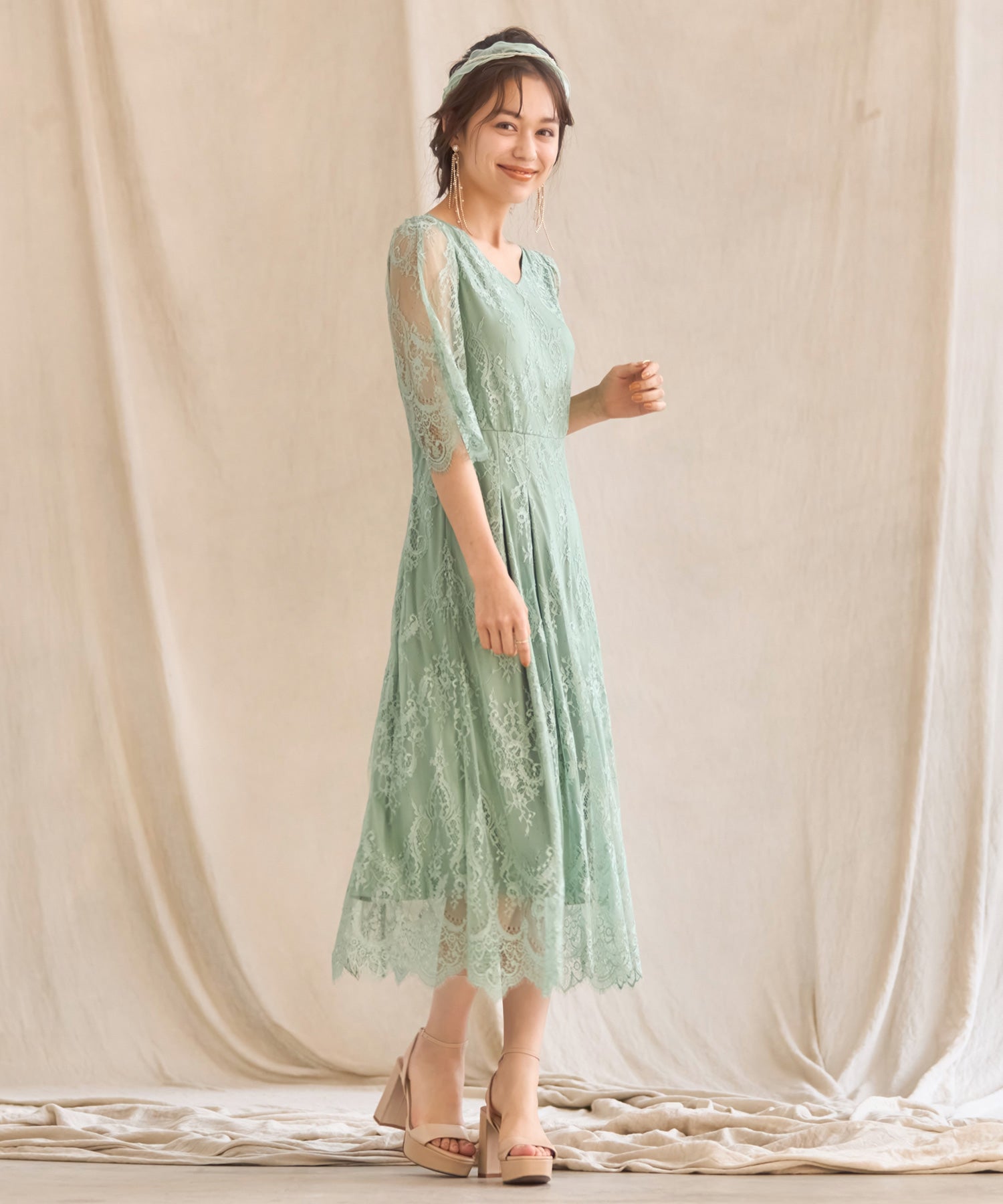ワンピース ドレス 総レース Aライン ミモレ丈 結婚式 披露宴