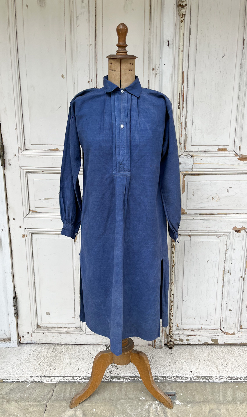 フランスアンティークホームスパンリネンインディゴ後染めワンピース