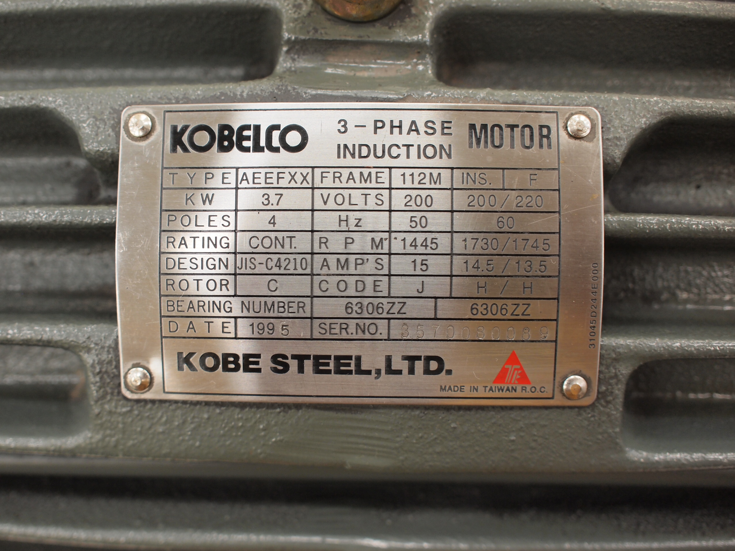 コベルコ スクリューコンプレッサ用 3相モーター AEEFXX 3、7KW 4POLE