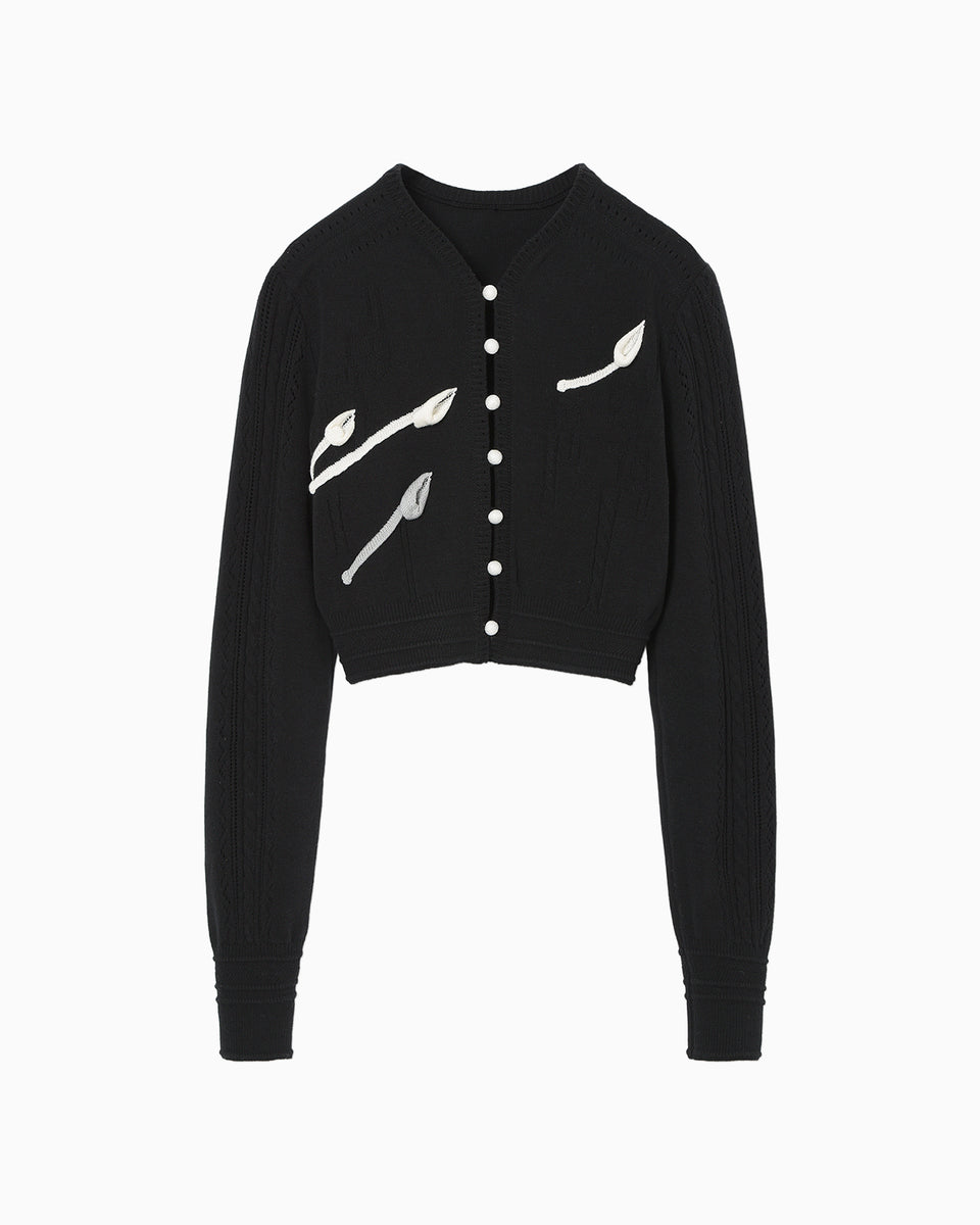 3D Floral Motif Knit Cardigan - black - Mame Kurogouchi