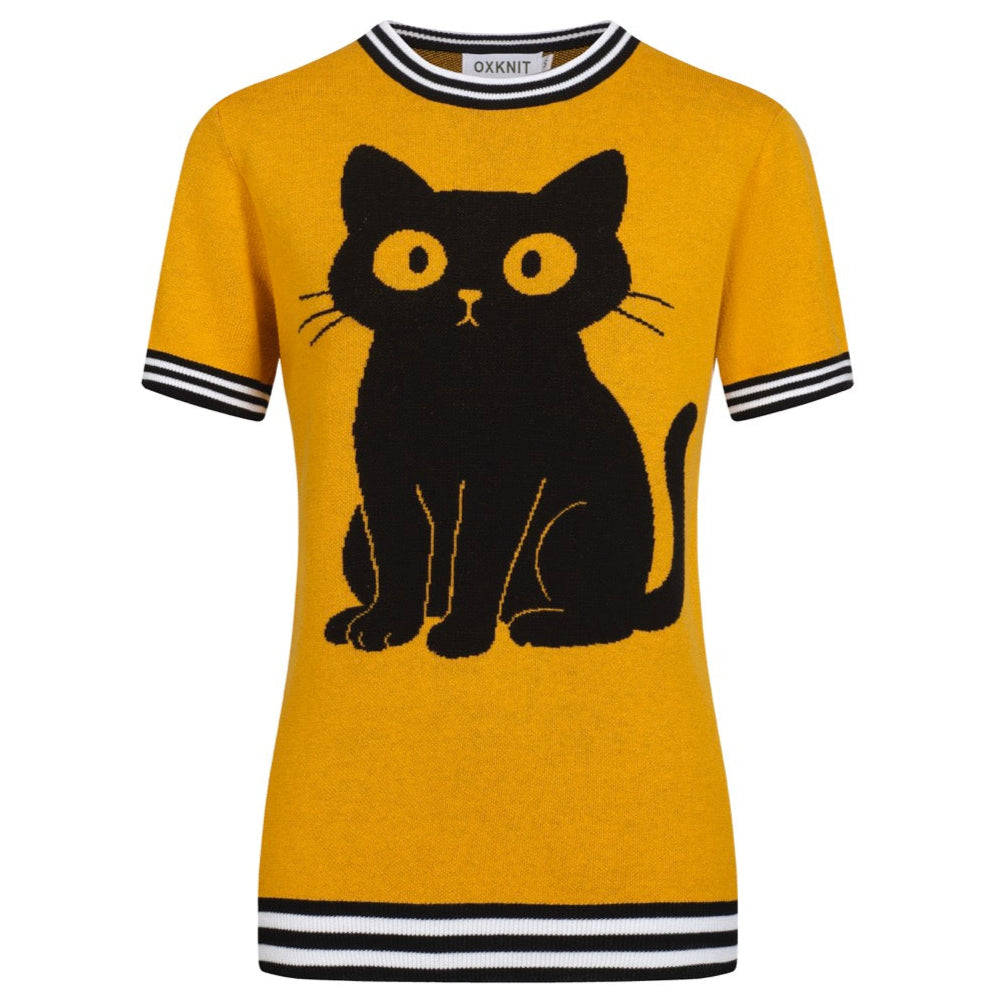 Women's yellow cat floral vintage jacquard knit T-shirt – OXKnit