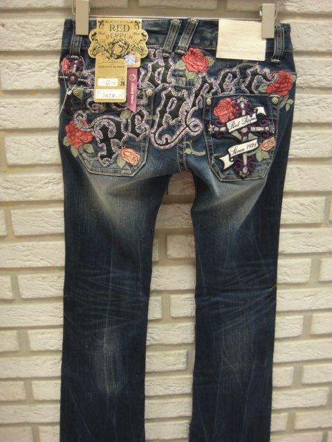 希少 エドハーディー×レッドペッパーストレートデニム スカル刺繍