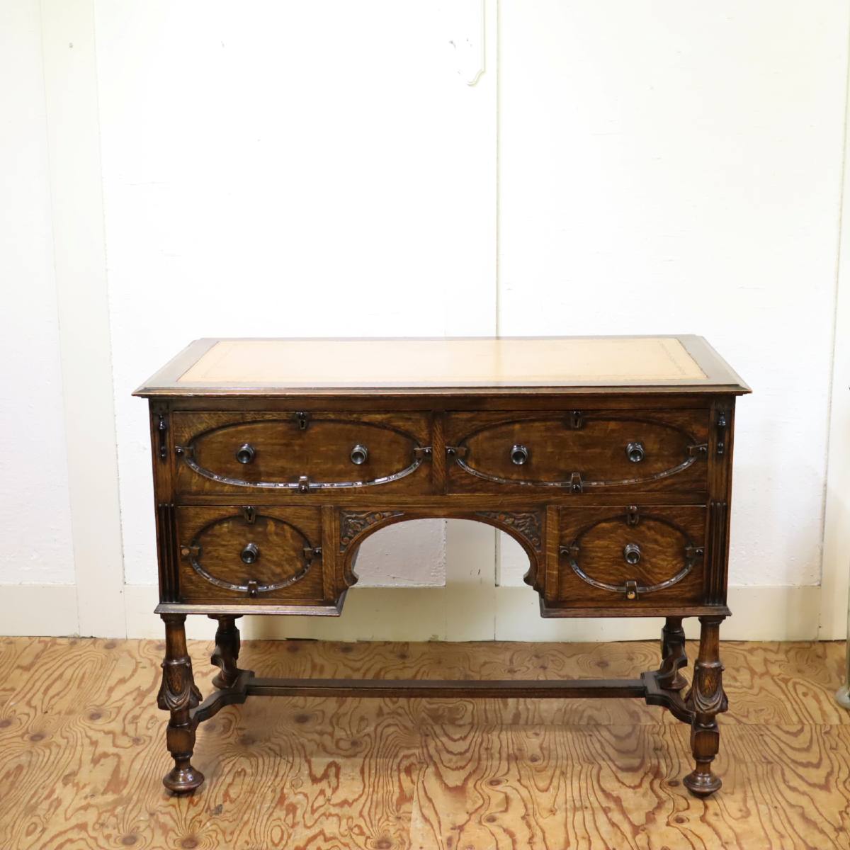 英国アンティーク デスク 書斎机 オーク 本革 アンティーク