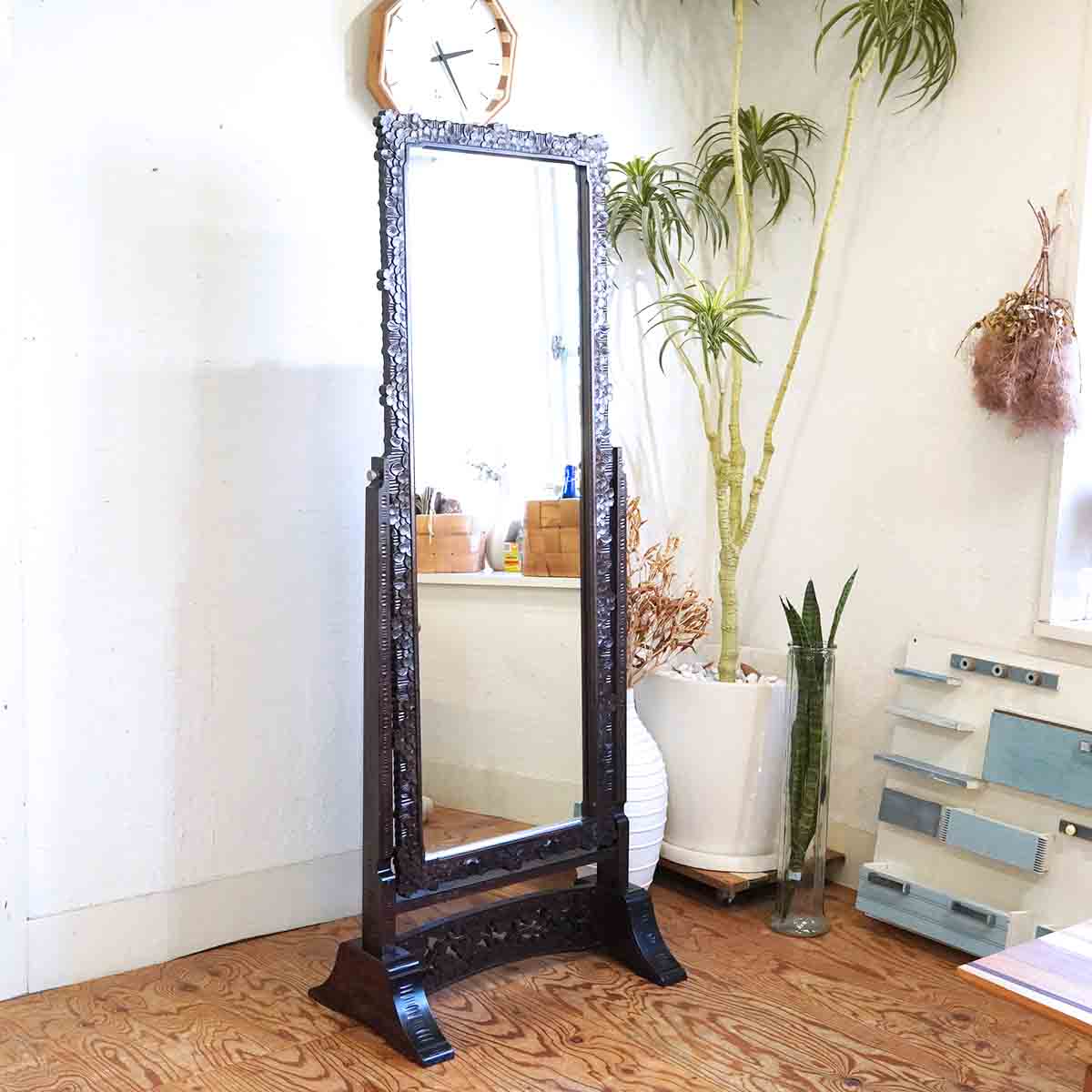 姿見 軽井沢彫り 桜 ミラー 鏡 スタンドミラー 伝統工芸品 中古