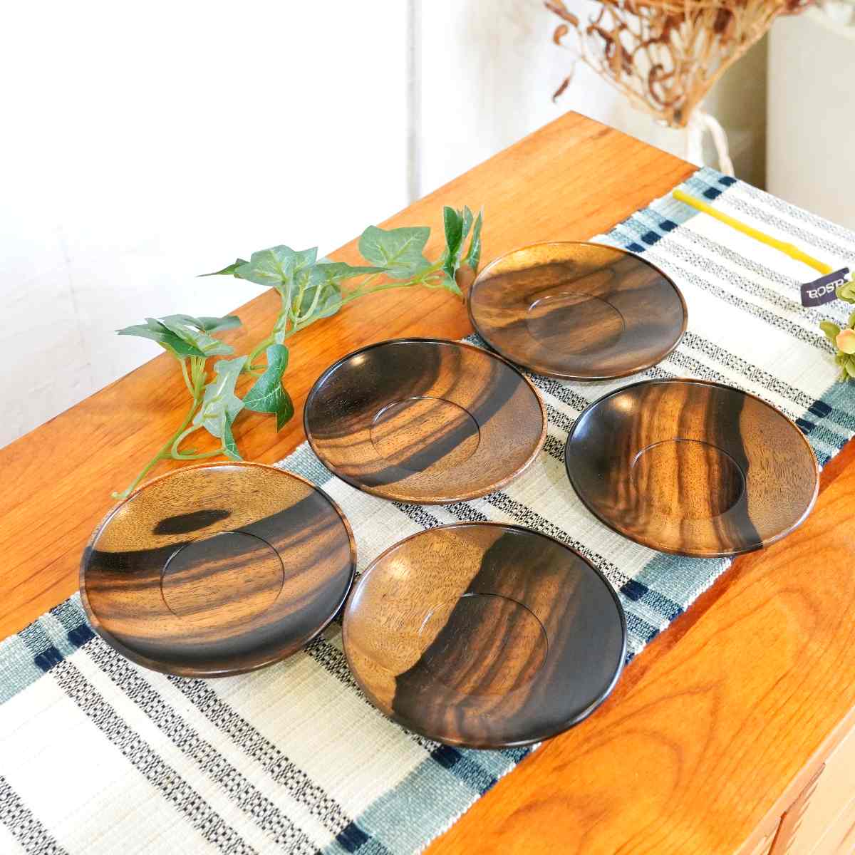 おかや木芸 名月 茶托4寸 5客セット 黒柿 小皿 未使用品 中古