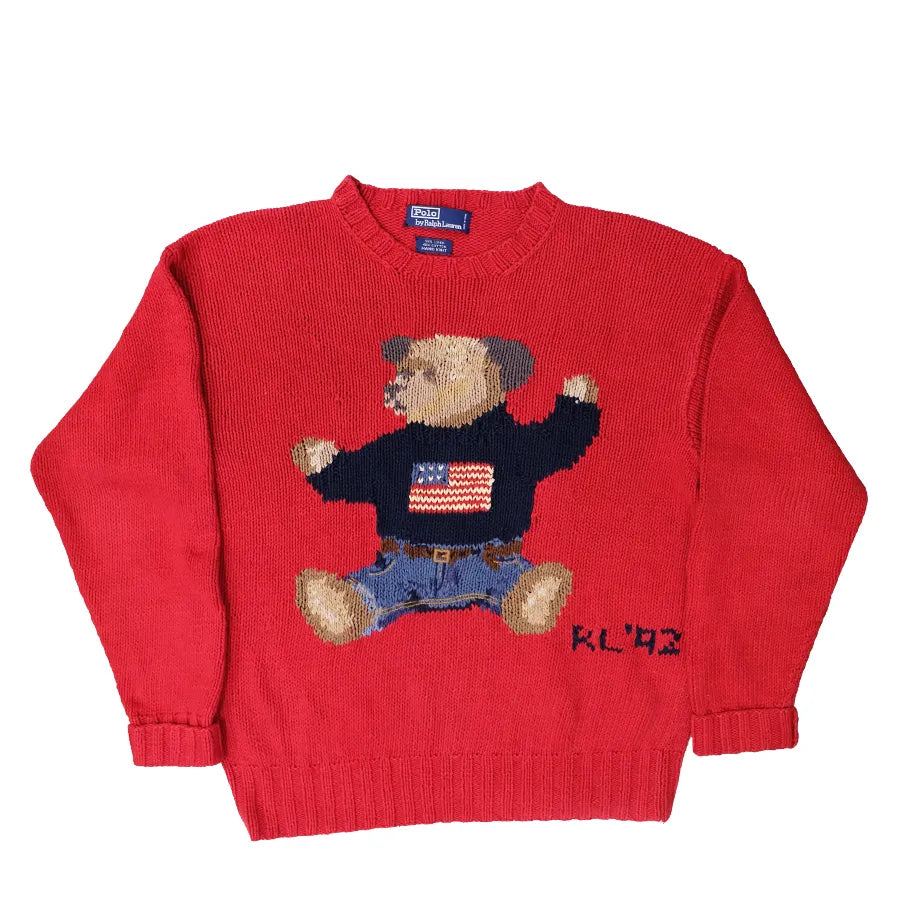 VINTAGE POLO RALPH LAUREN SIT DOWN BEAR HAND KNIT SWEATER RL 92