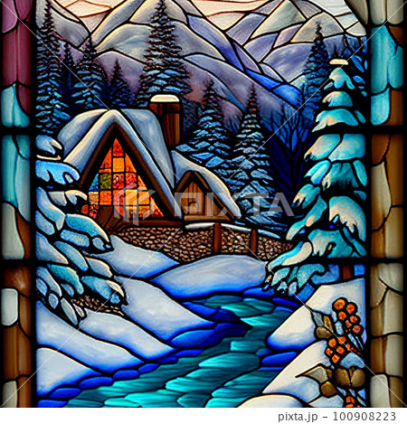 冬の森と雪 ステンドグラス風イラスト AI画像のイラスト素材