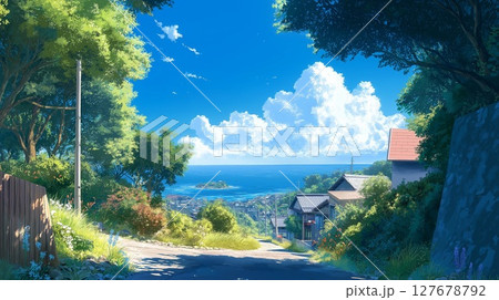 海を望む夏の坂道 ― 日本の田舎風景と青空のイラストのイラスト素材