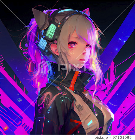 サイバーパンク風 ネオンカラーが美しい少女 アニメ風「AI生成画像」の