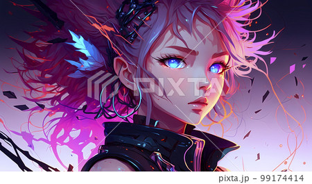 サイバーパンク風 ネオンカラーが美しい少女 アニメ風「AI生成画像」の
