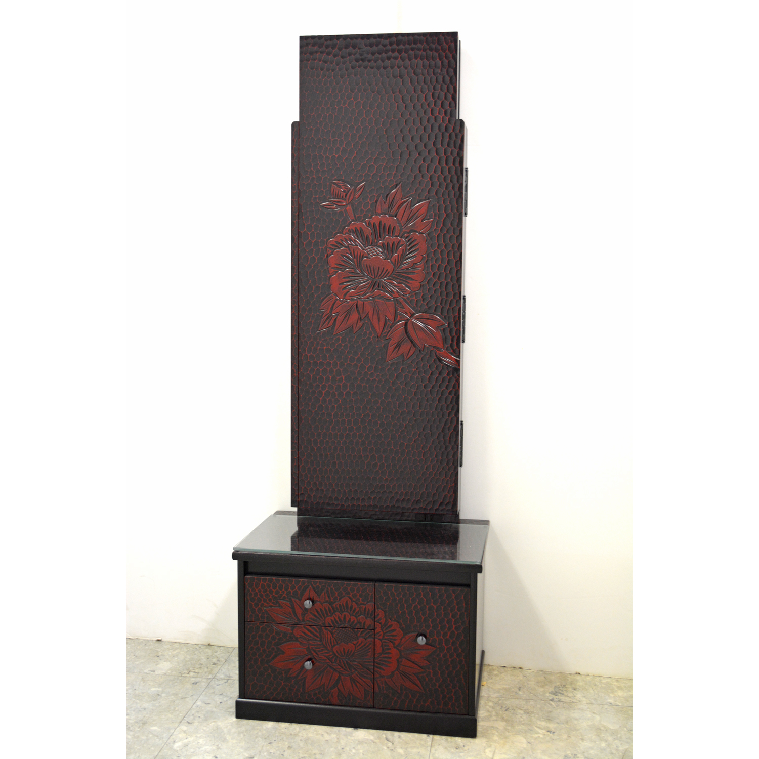 鏡台】鎌倉彫、ダークブラウンの三面鏡 鎌倉彫｜三面鏡｜化粧台