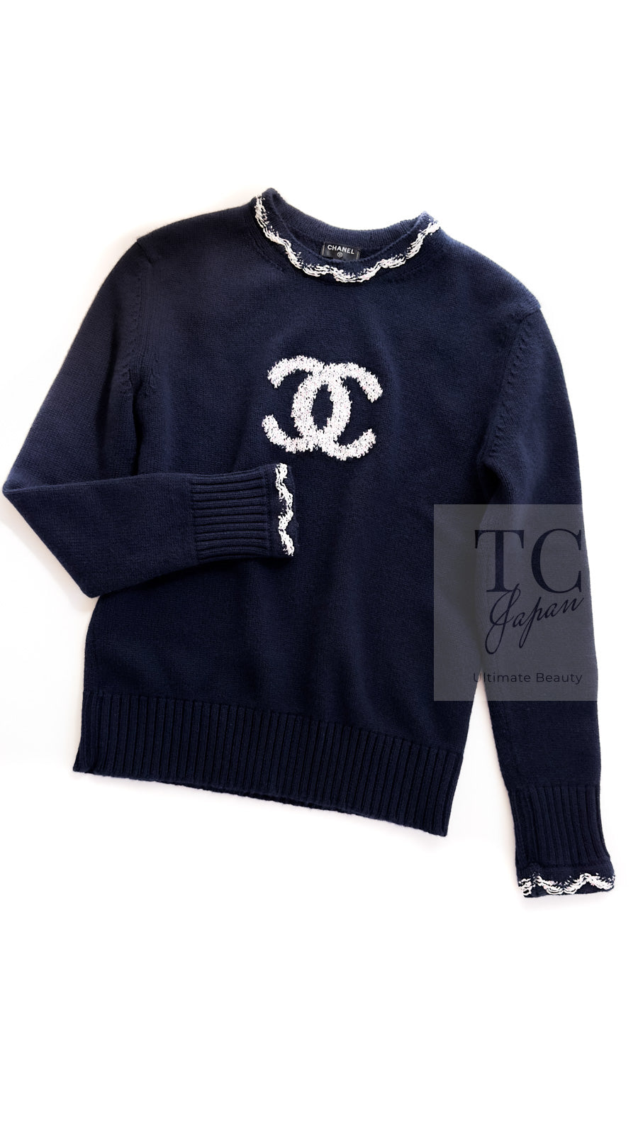 CHANEL ニット 半袖 ブラック カシミヤ100% 型押しロゴ 38 中古
