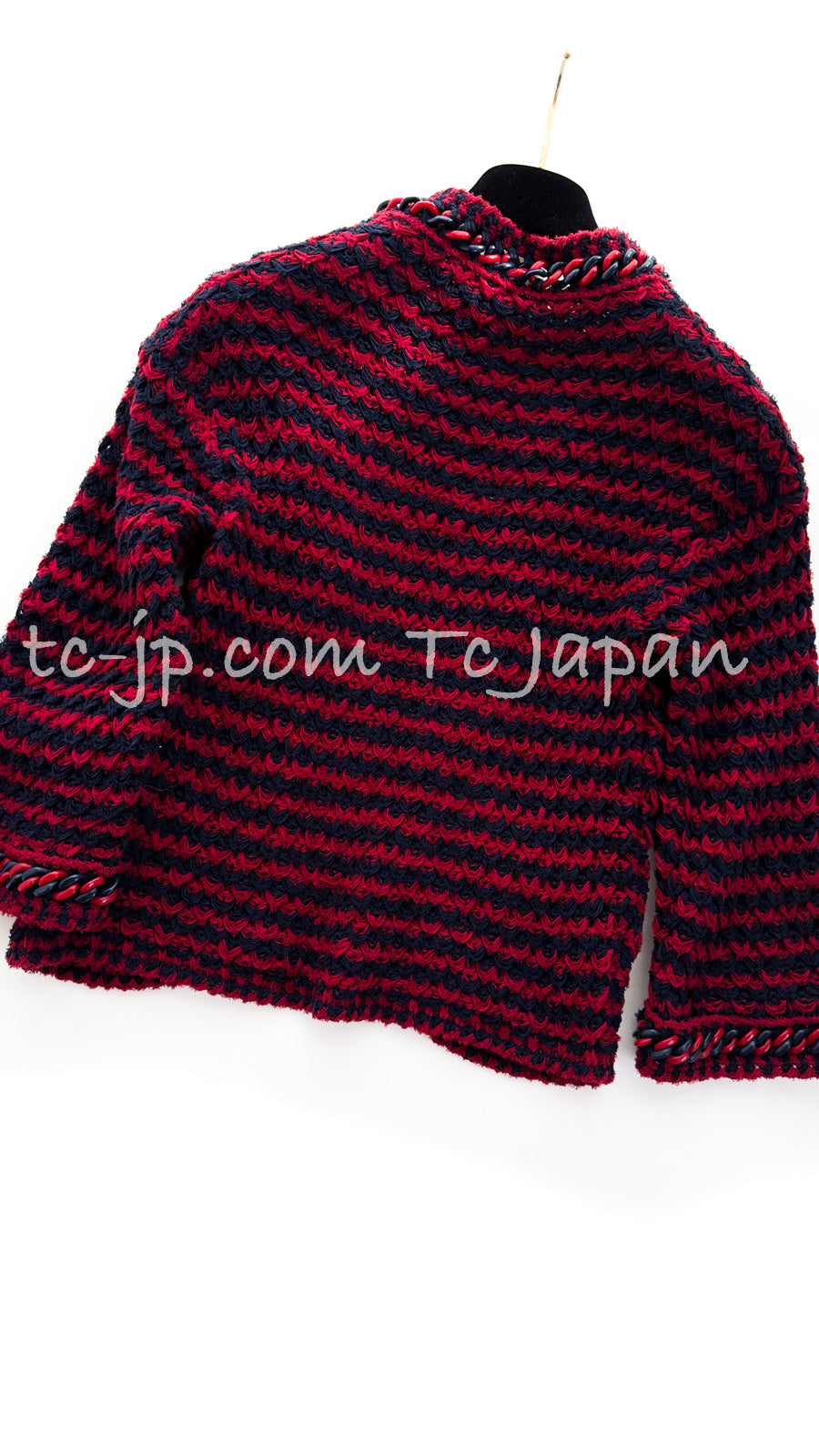 シャネル カーディガン CHANEL レッド ネイビー ストライプ チェーン