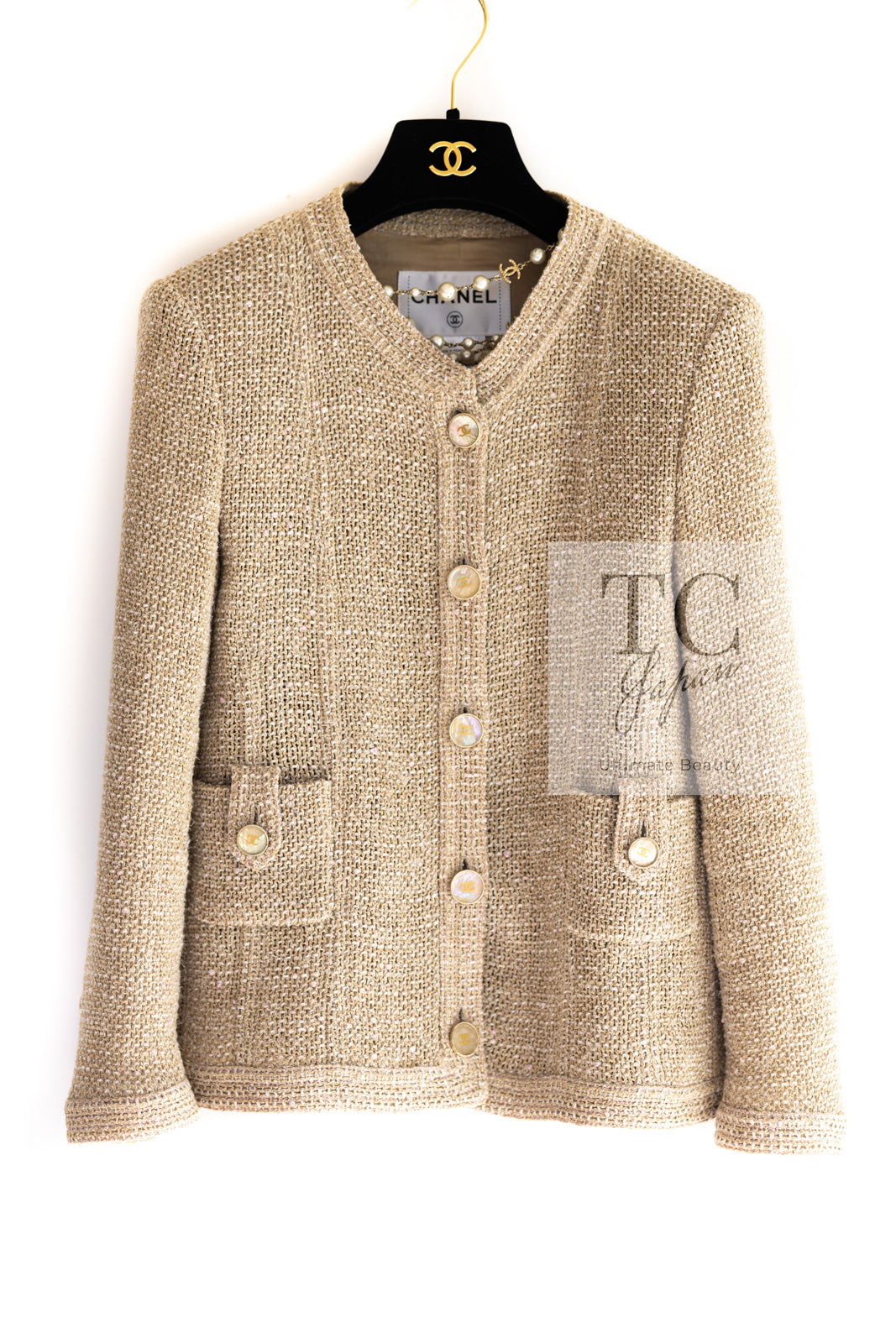 シャネル ジャケット CHANEL ベージュ CC パール ボタン コットン ノー