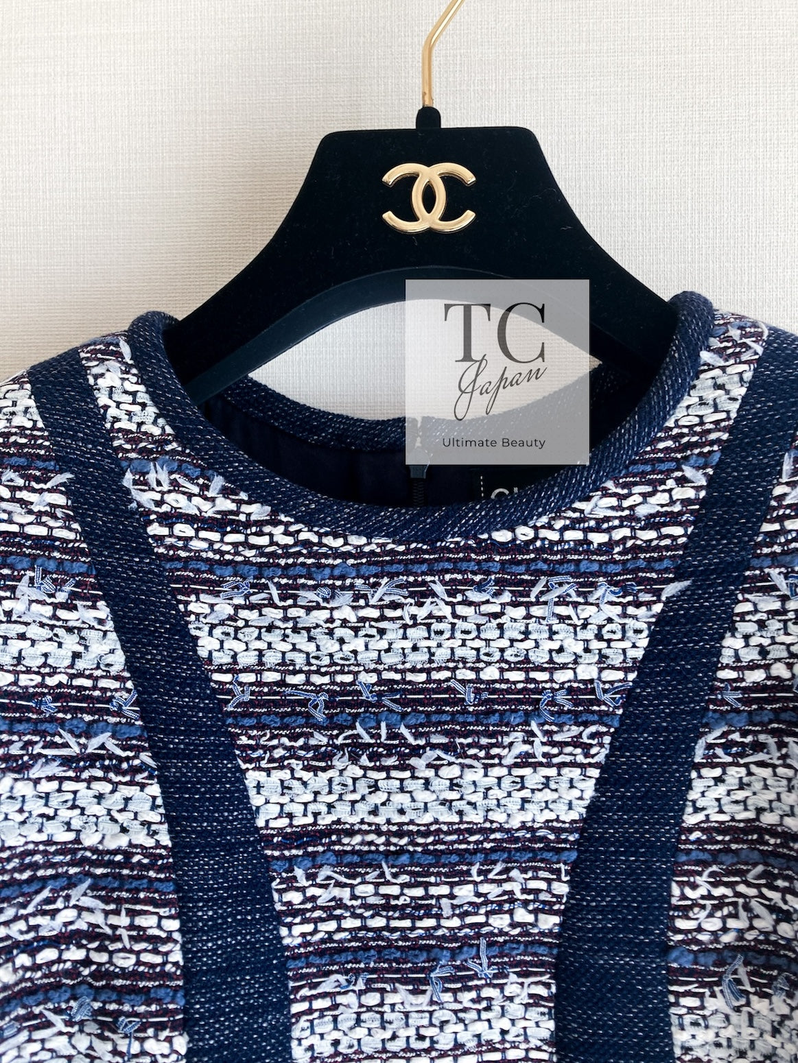 CHANEL シャネル コットン ツイード チェーン ワンピース ネイビー