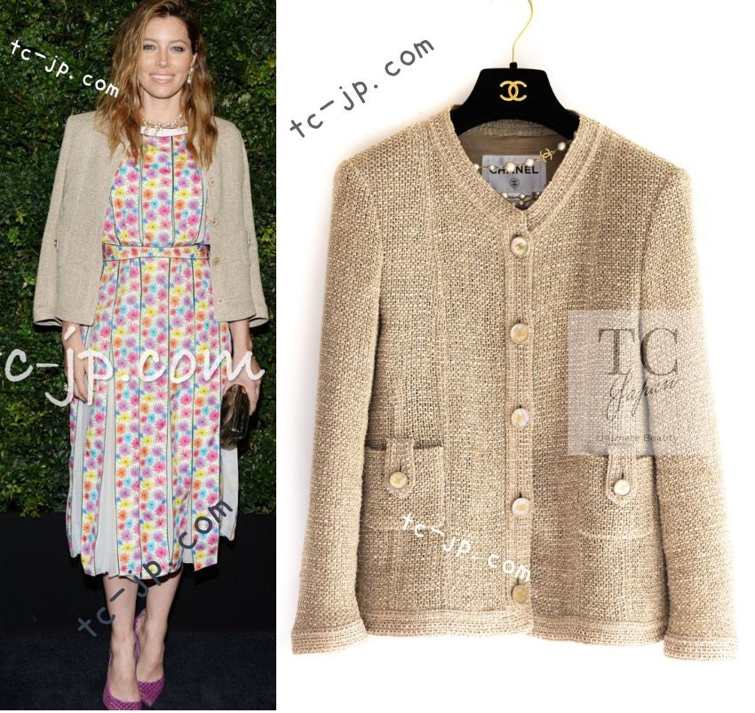 シャネル ジャケット CHANEL ベージュ CC パール ボタン コットン ノー