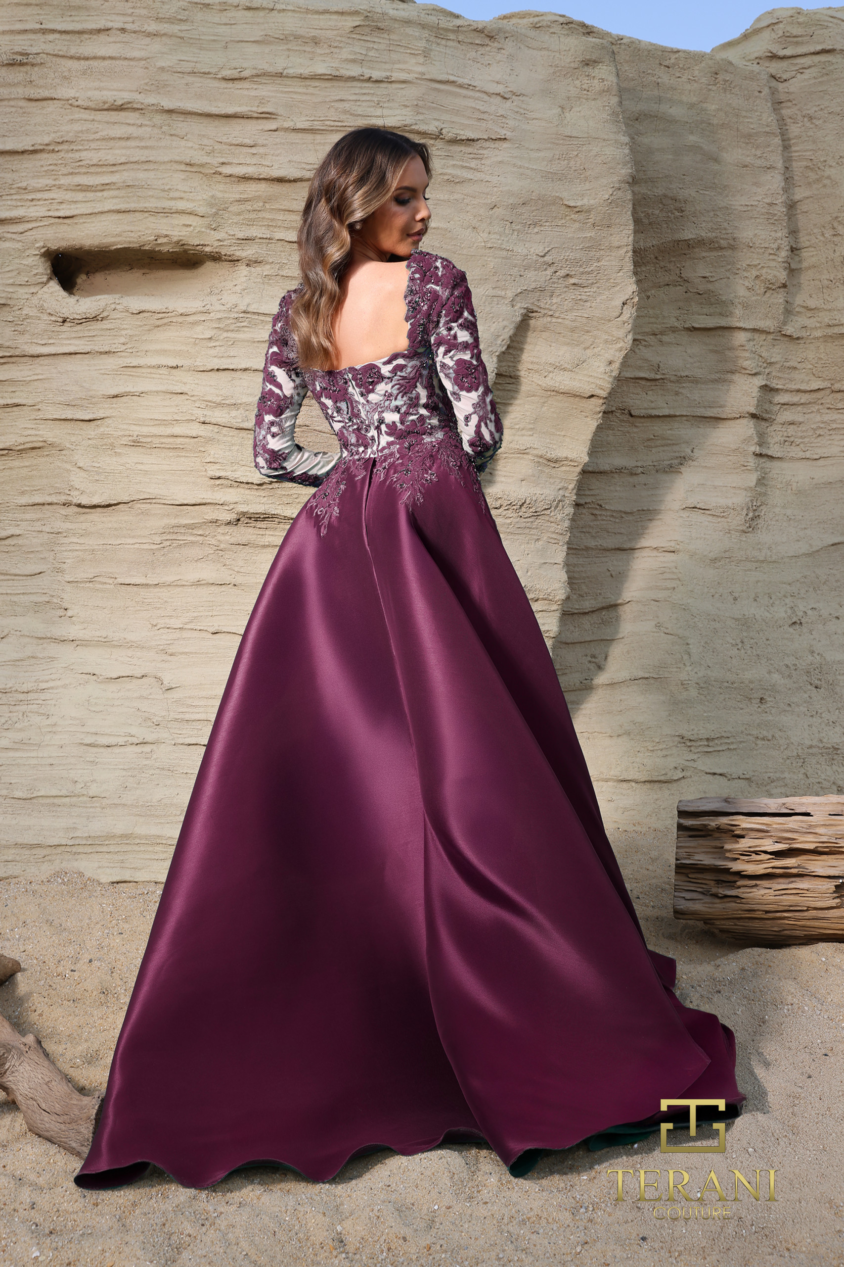 252M5311 - Stretch Mikado Embroidered V-Neck Long MOB Dress