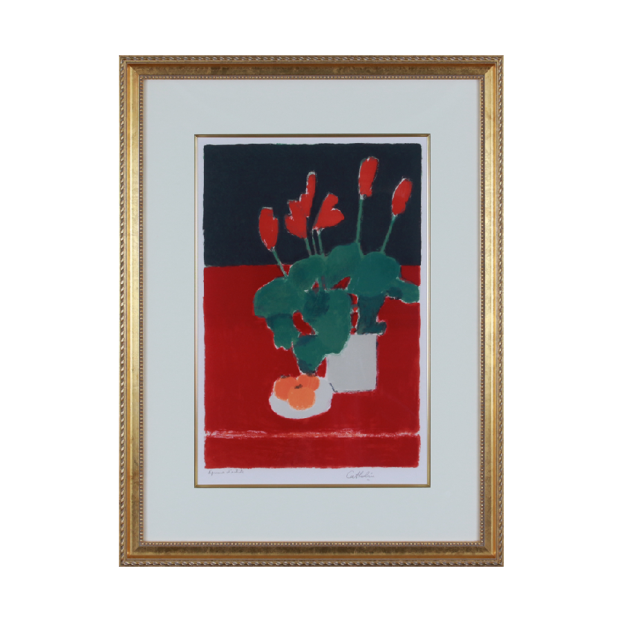 赤いシクラメンと柿<span class=