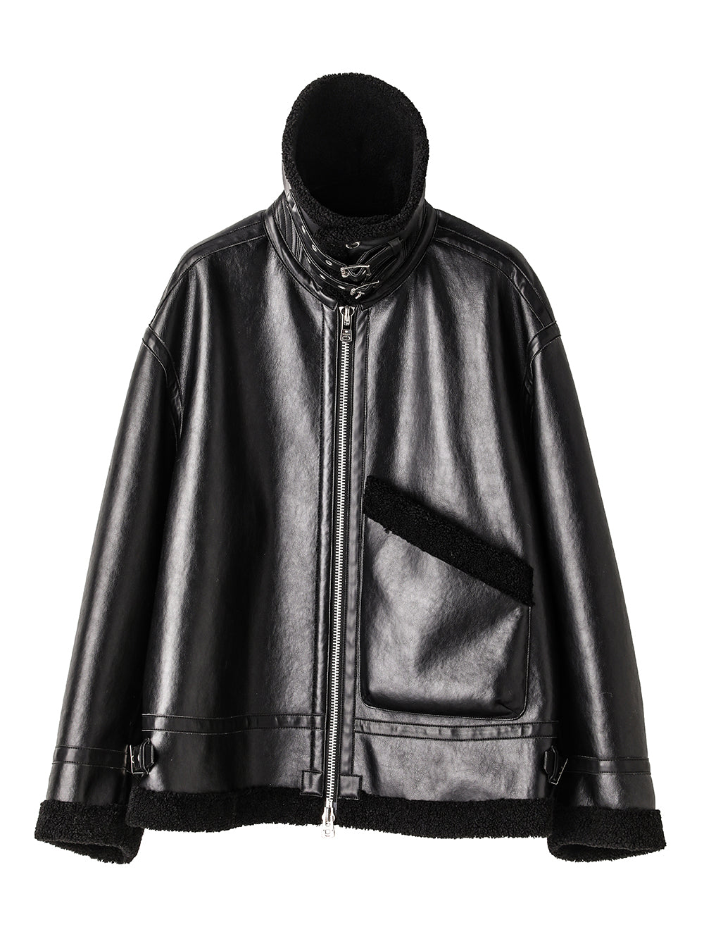 sj.0032AW25-black x black faux mouton flight jacket. The Black-and